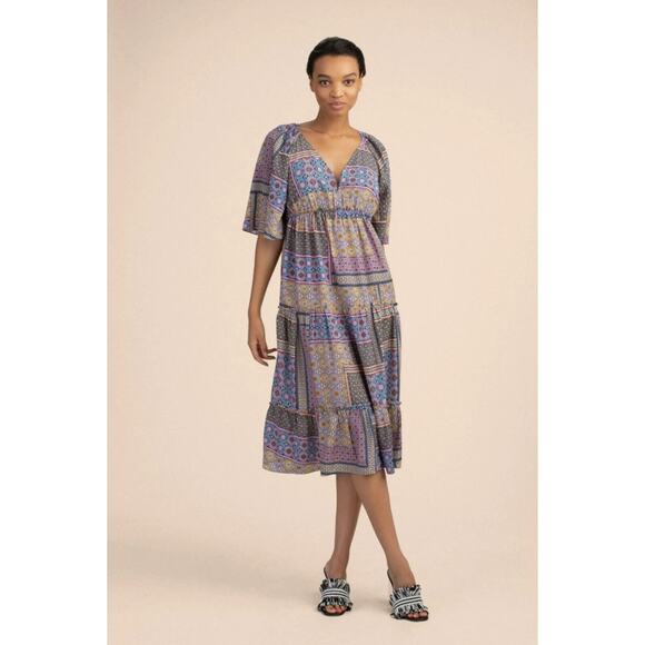 Trina Turk Sivas Dress Midi Dress Multicolor V-Neck Tiered Fit & Flare Size L - Picture 2 of 9